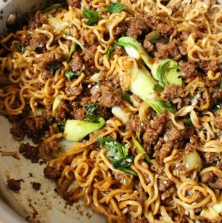 best vegan ramen bowl recipe featuring “ beyond beef " lots of garlic and ginger, bok choy and a quick umami sauce