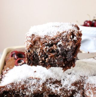 slice of chocolate sheet cake with coconut
