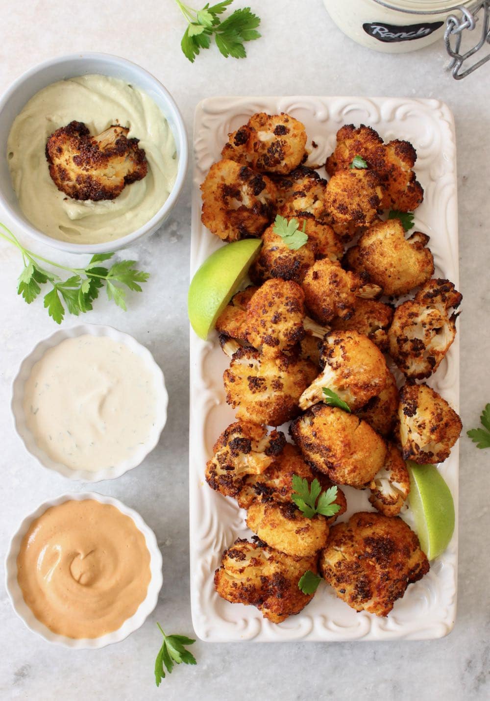 Dipping sauces with crispy cauliflower wings