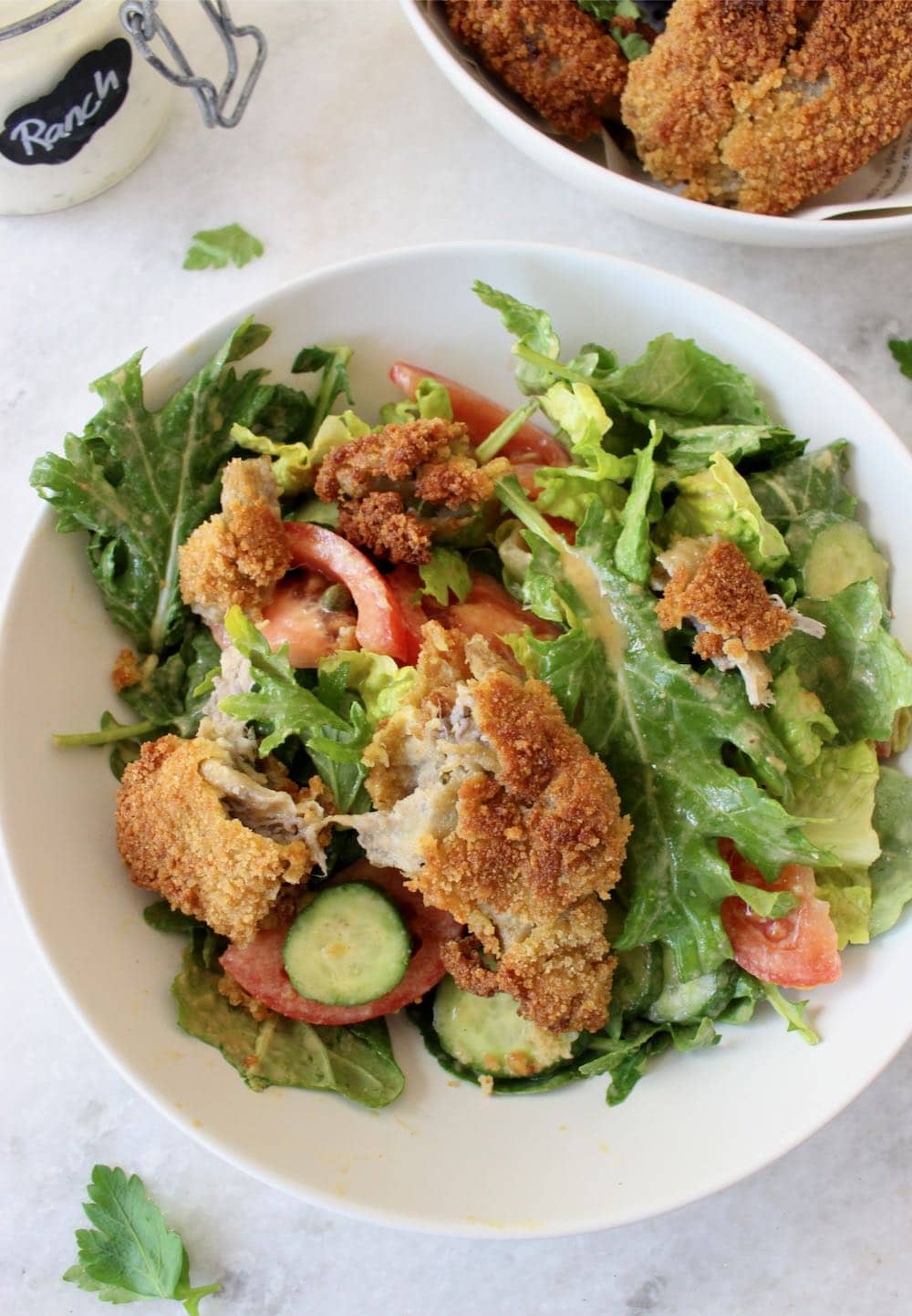 vegan fried chicken with Caesar salad