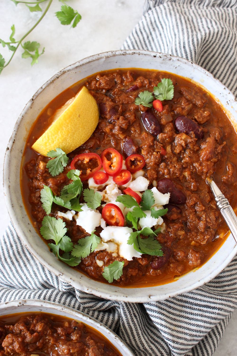 Vegan chili with soy curl and walnut meat.