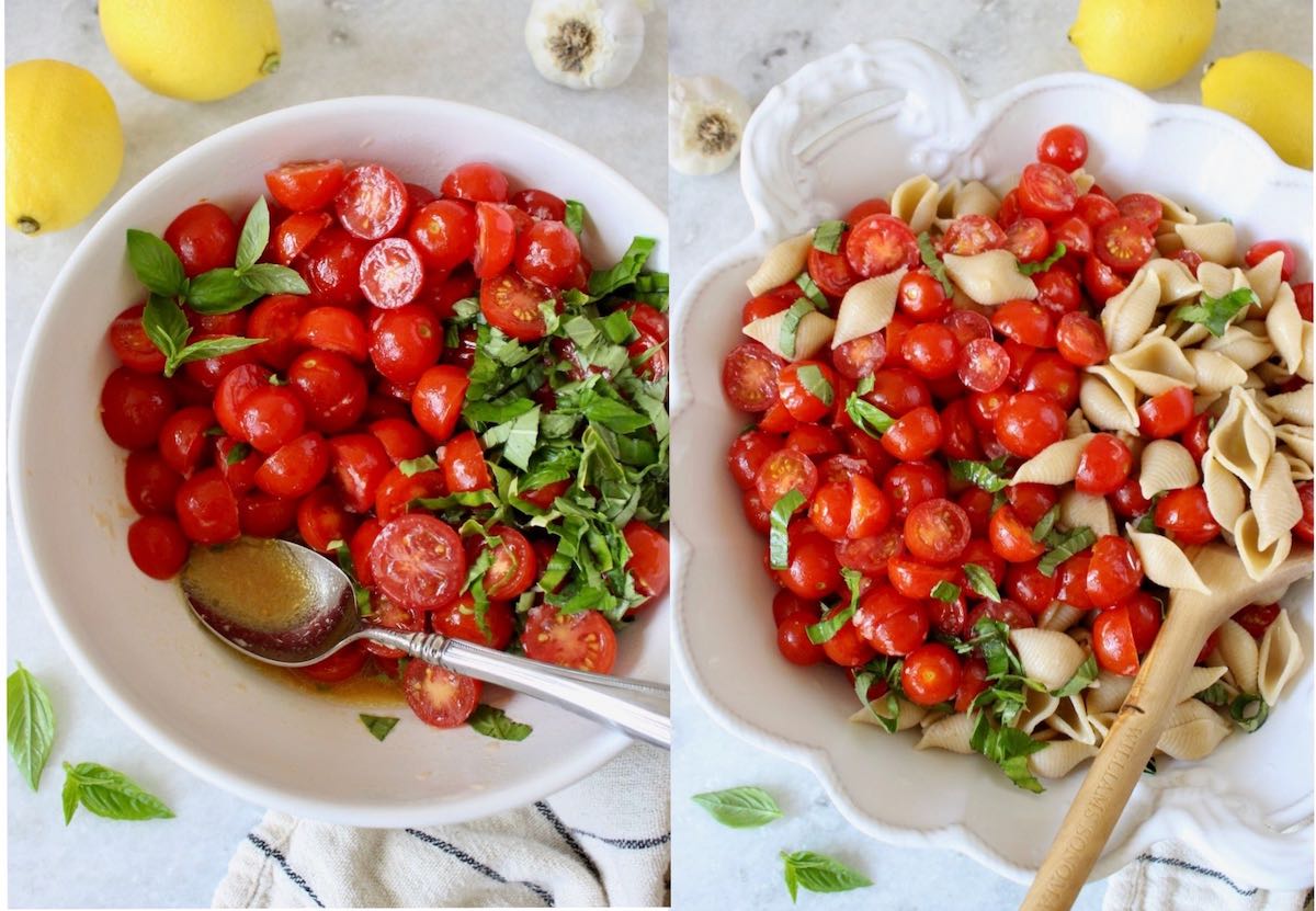 tomato bruschetta pasta salad in process shots