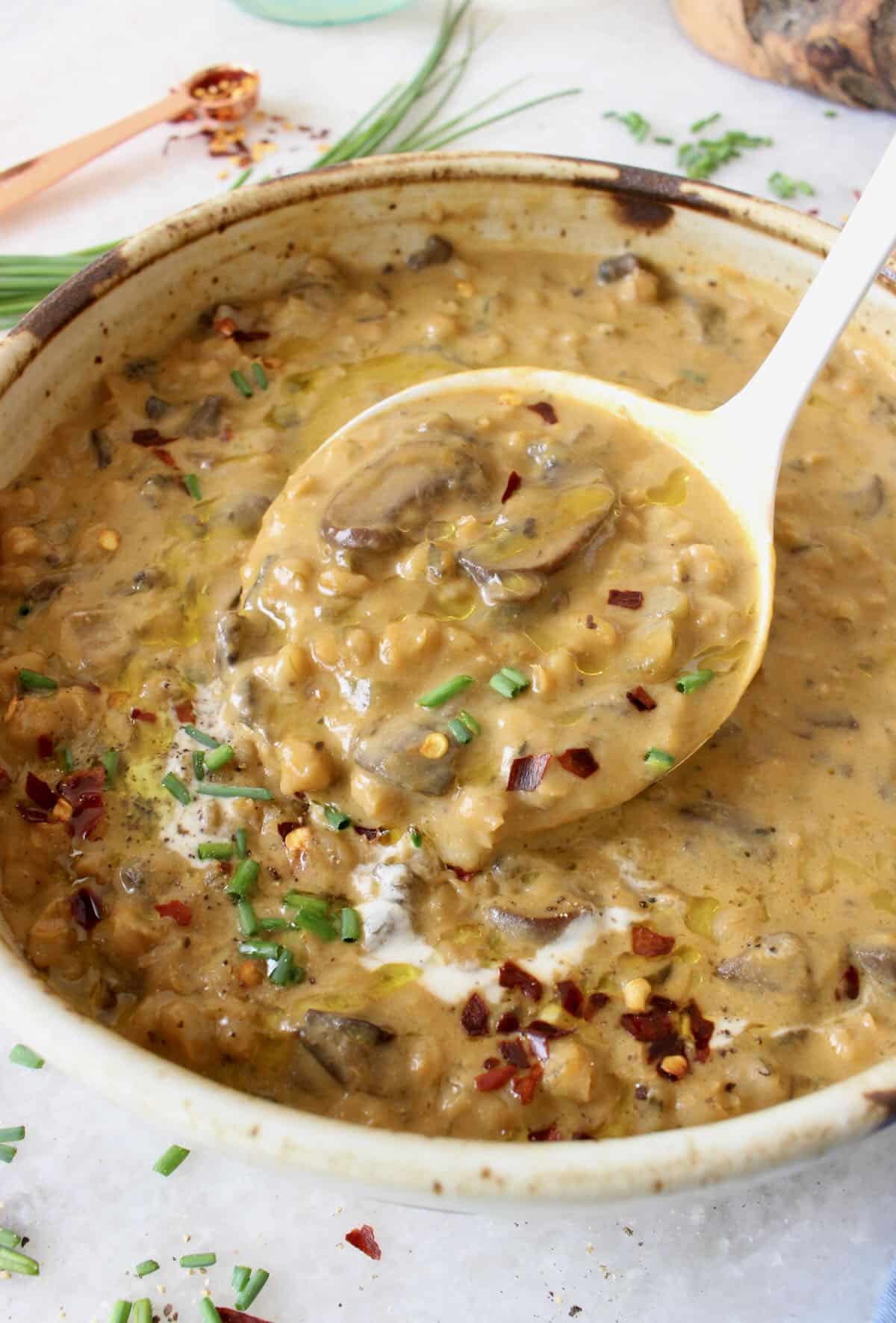 mushroom barley soup with leeks, porcini broth and vegan sour cream