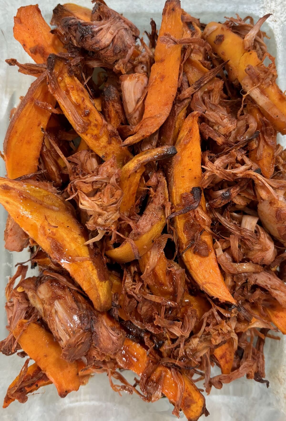 roasted jackfruit with sweet potato fries
