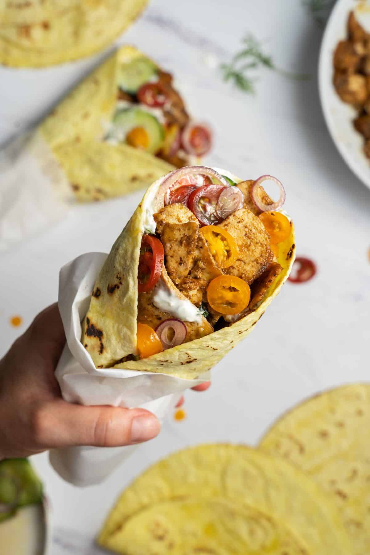 Tofu Shawarma wrap with vegan tzatziki Tofu Shawarma wrap with vegan tzatziki
