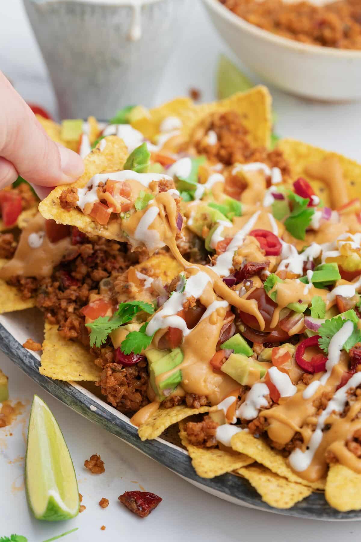 vegan nacho cheese nachos with walnut meat Vegan Nacho Cheese Nachos (1)